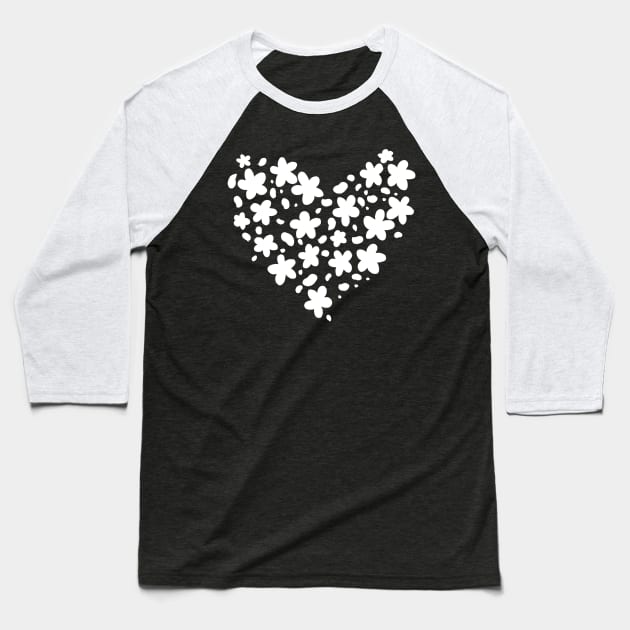 Cute white flower silhouette heart shaped Baseball T-Shirt by LG